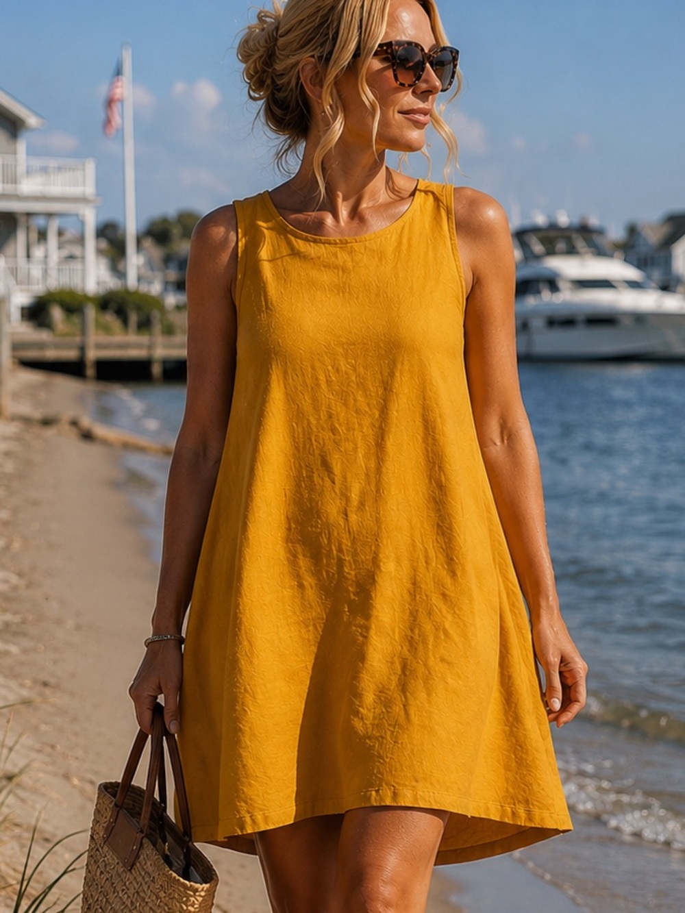 SOHO Mustard Linen Blend Shift Dress M Coastal Resort Pockets